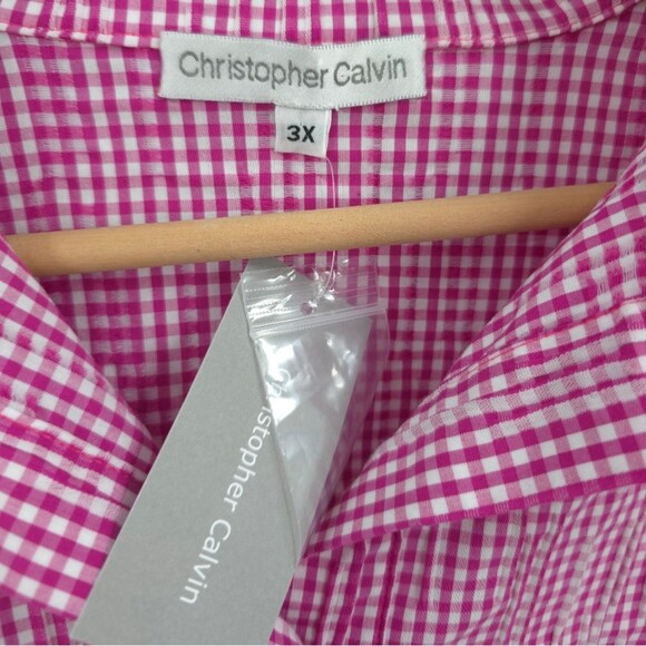 Christopher Calvin Gingham Button Up Top Textured Lagenlook Pink Coastal NWT - Picture 11 of 13